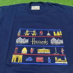 Vintage 90s Harrods Knightsbridge London T-Shirt Navy Blue Small Made in UK